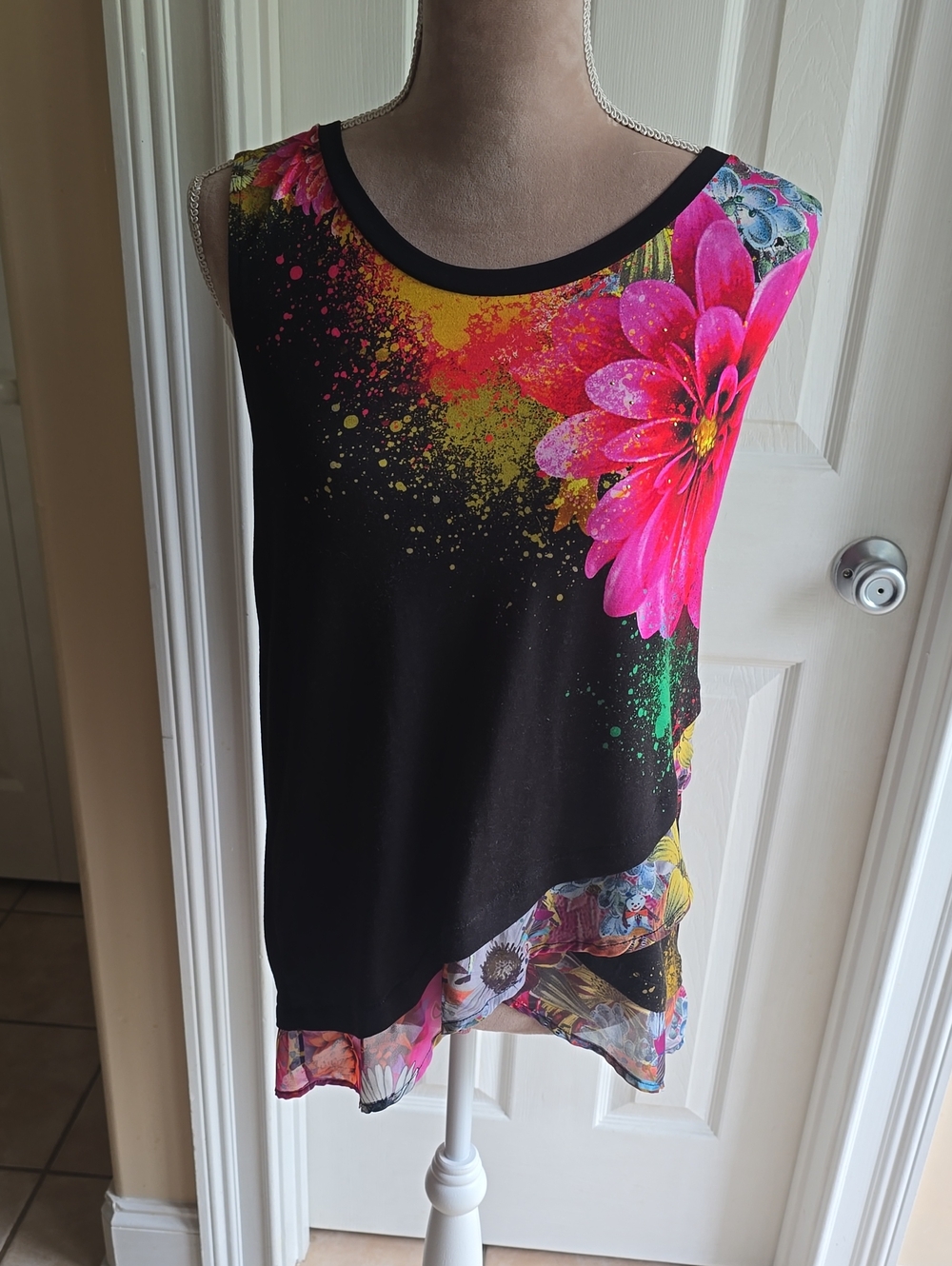 NWOT  Size Large Desigual Black Tank with Vibrant Pink Floral Spray